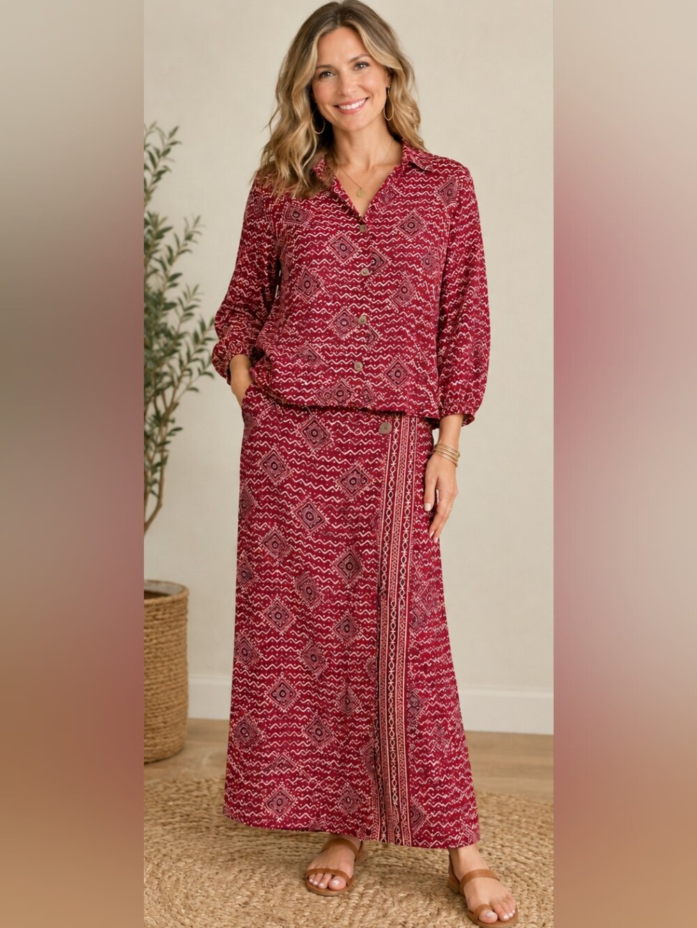 Chico's Burgundy Geometric Printed Wrap Maxi Skirt & Top Size Small Artsy Boho
